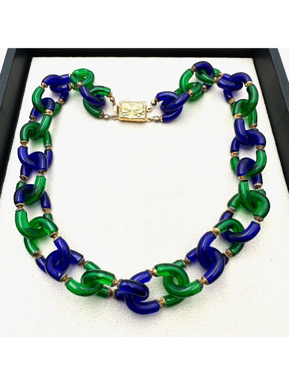 Vintage Unsigned Archimede Seguso for Chanel Blue Green Glass Gold Necklace